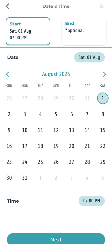 Choose a clear time. Set the date, start time, and optional end time together.