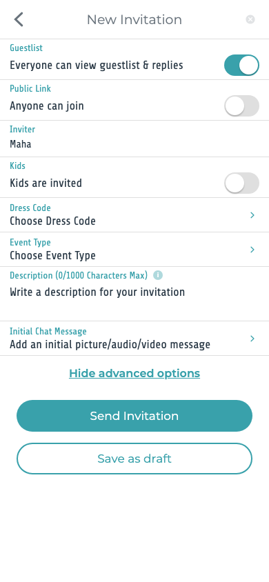 Shape the invitation. Set guest, privacy, and occasion details before you send.